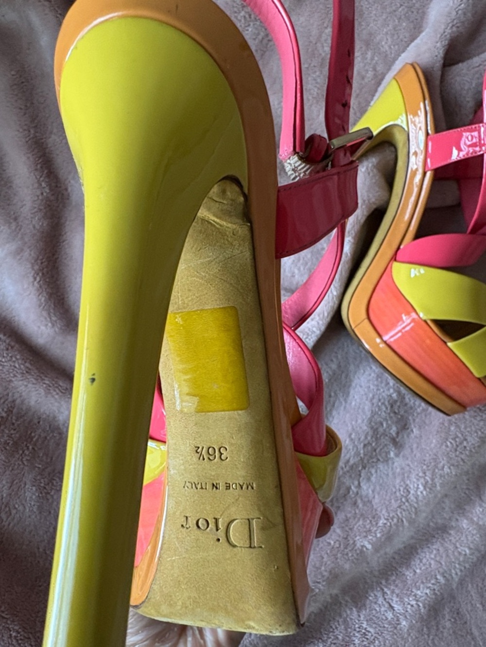 Dior Pink and Yellow Patent Leather Platform Sandals - Picture 2 of 2